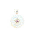 Carved mother of pearl daisy pendant with pink tourmaline center stone in gold setting