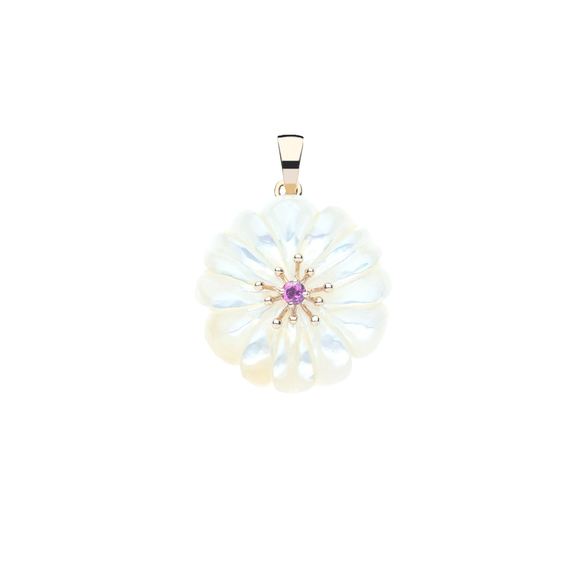 JOY Mother of Pearl Carved Daisy Pendant in Solid Gold