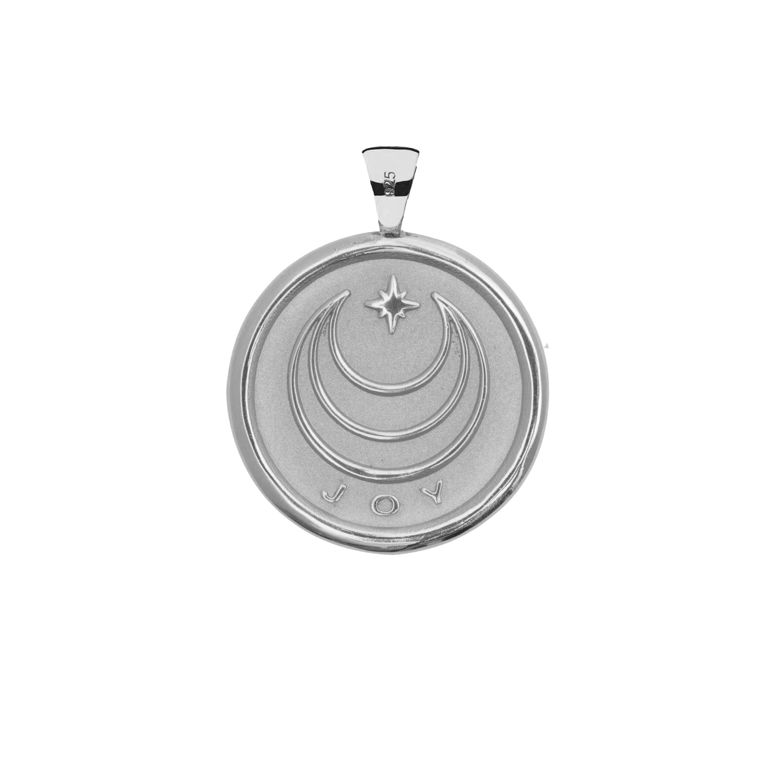 Silver Coin Featuring Moon and Star Logo and word JOY underneath