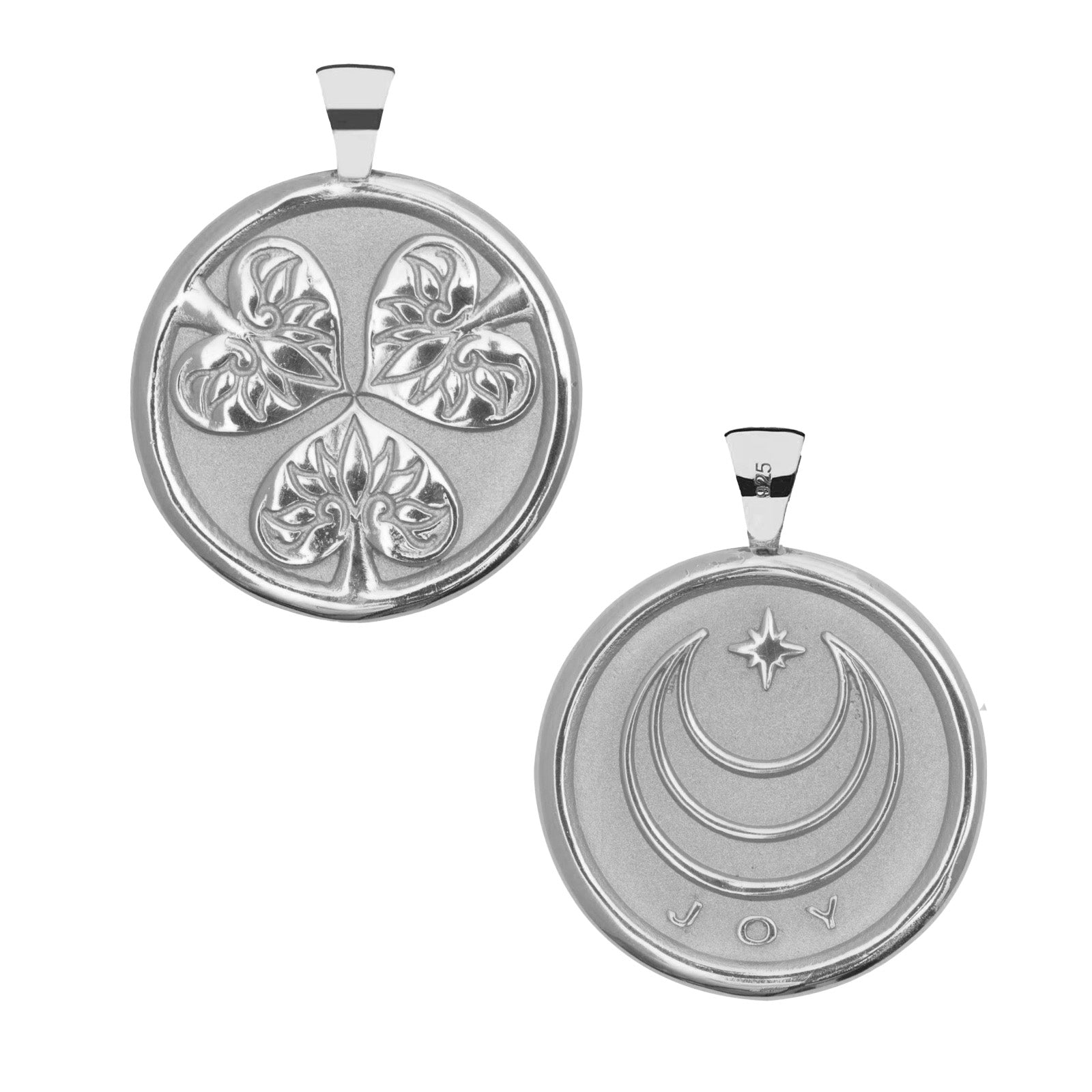 Front and Back of Silver Coin, 3 hollyhock leaves (front) and word JOY (back)