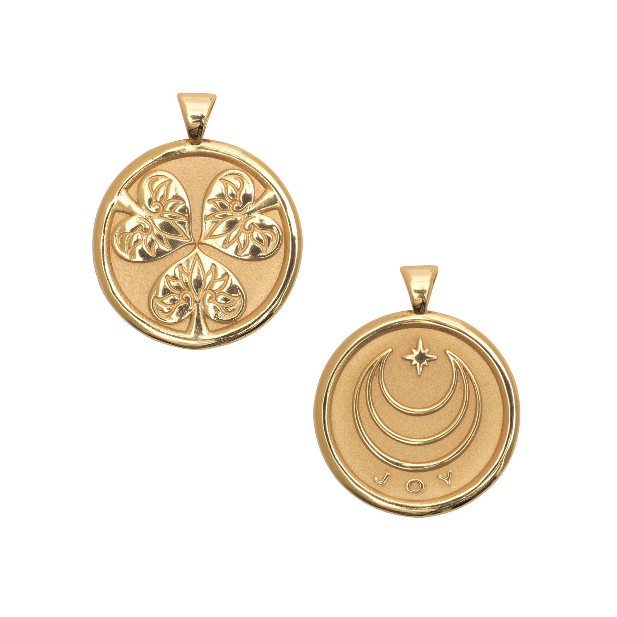Front and Back of Gold Coin, 3 hollyhock leaves (front) and word JOY (back)