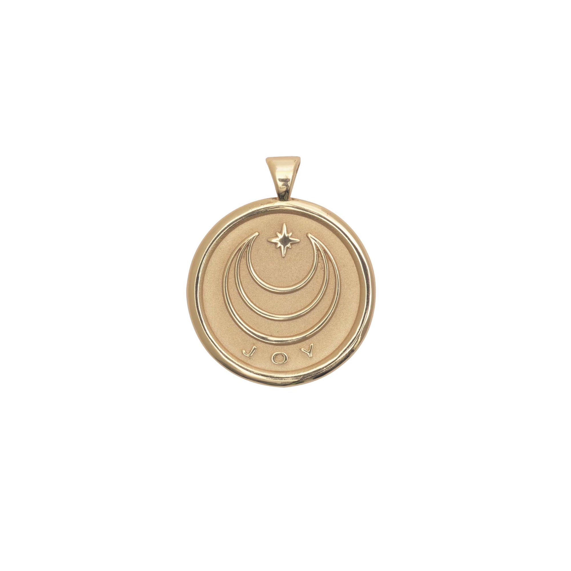 Gold Coin Featuring Moon and Star Logo and word JOY underneath