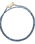 Beaded necklace of kyanite beads (shades of blue) with oversized gold clasp