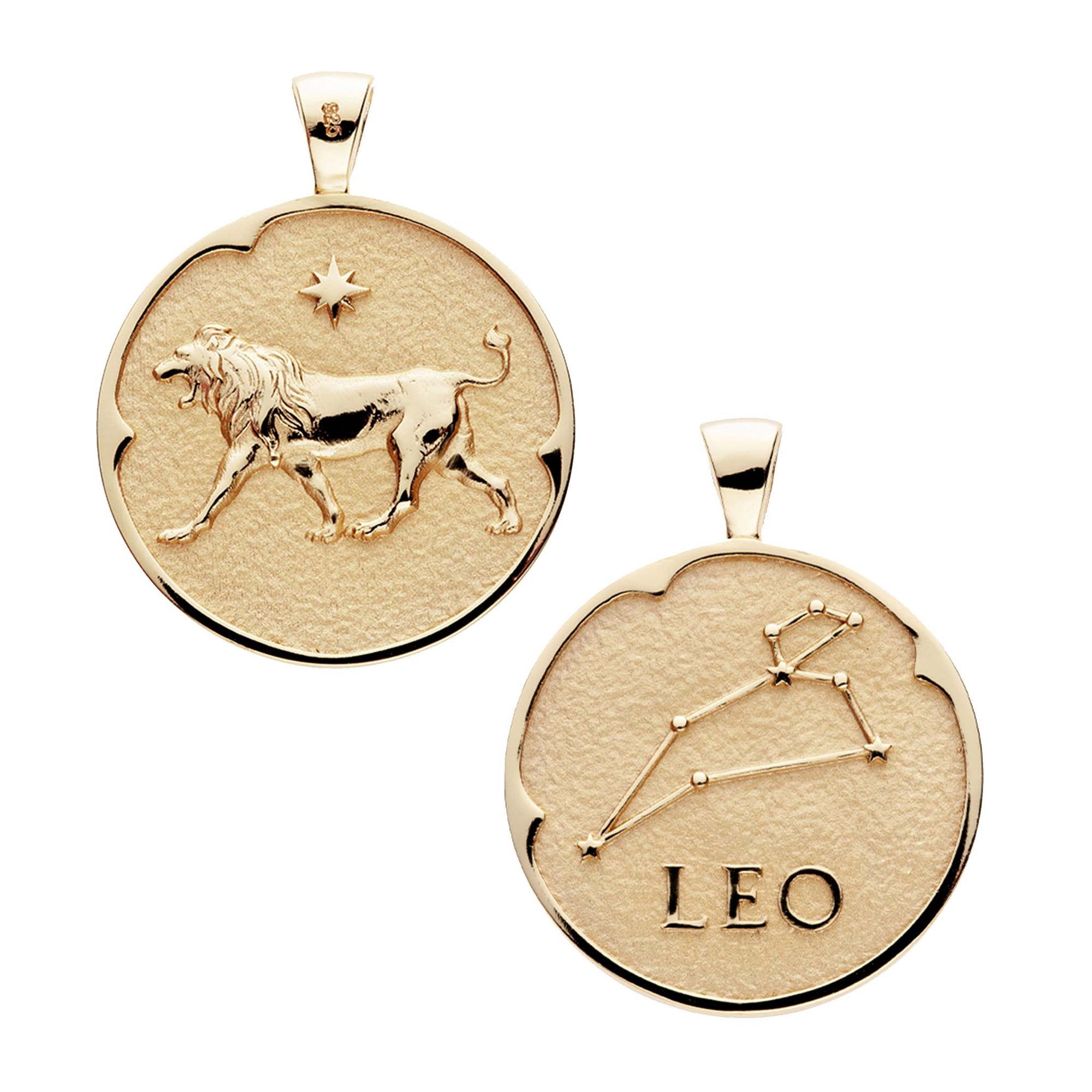 Gold original Leo coin pendant featuring a lion with a star above it on one side and the leo constellation and "Leo" written underneath on the other side
