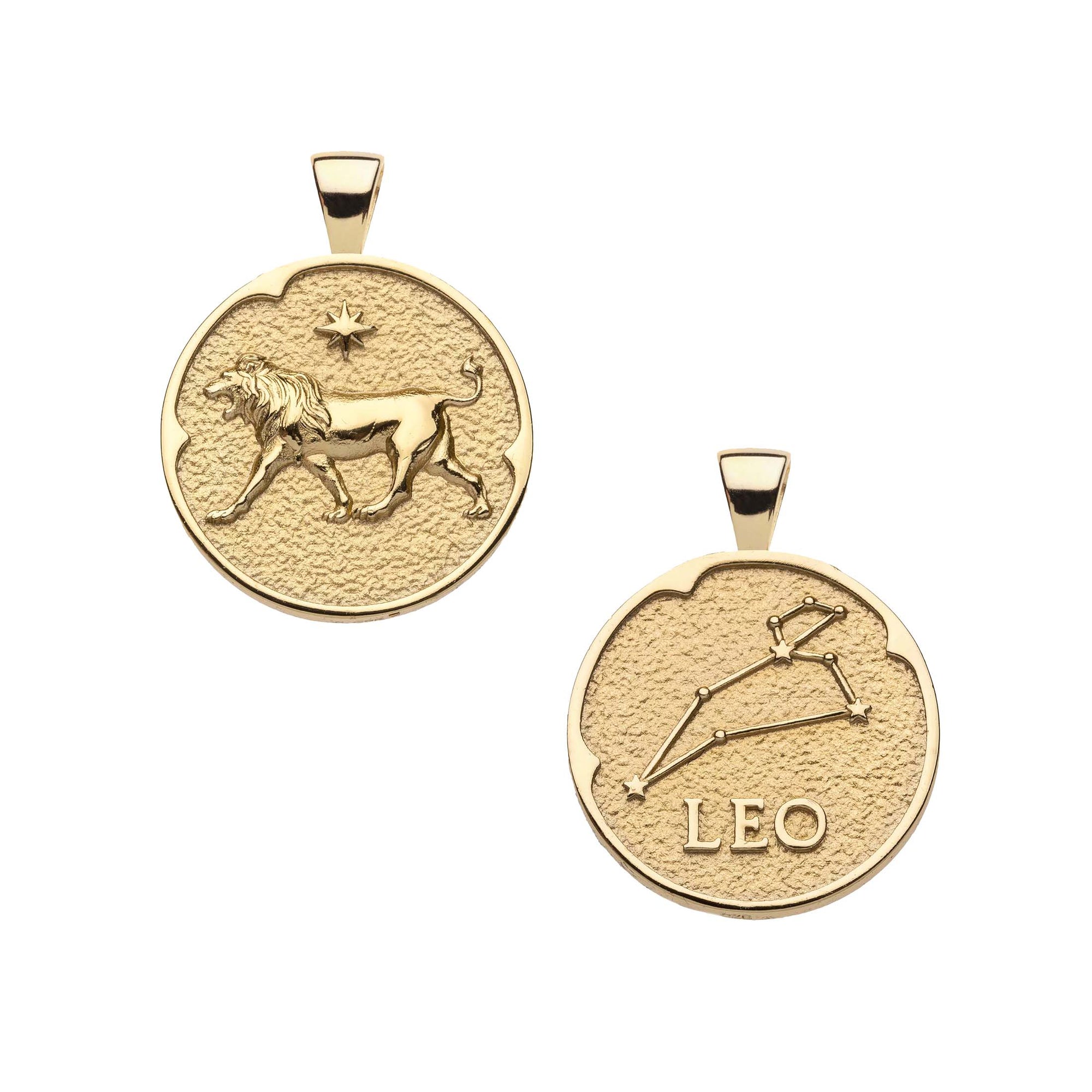 Gold small Leo coin pendant featuring a lion with a star above it on one side and the leo constellation and "Leo" written underneath on the other side