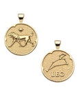 Gold small Leo coin pendant featuring a lion with a star above it on one side and the leo constellation and "Leo" written underneath on the other side