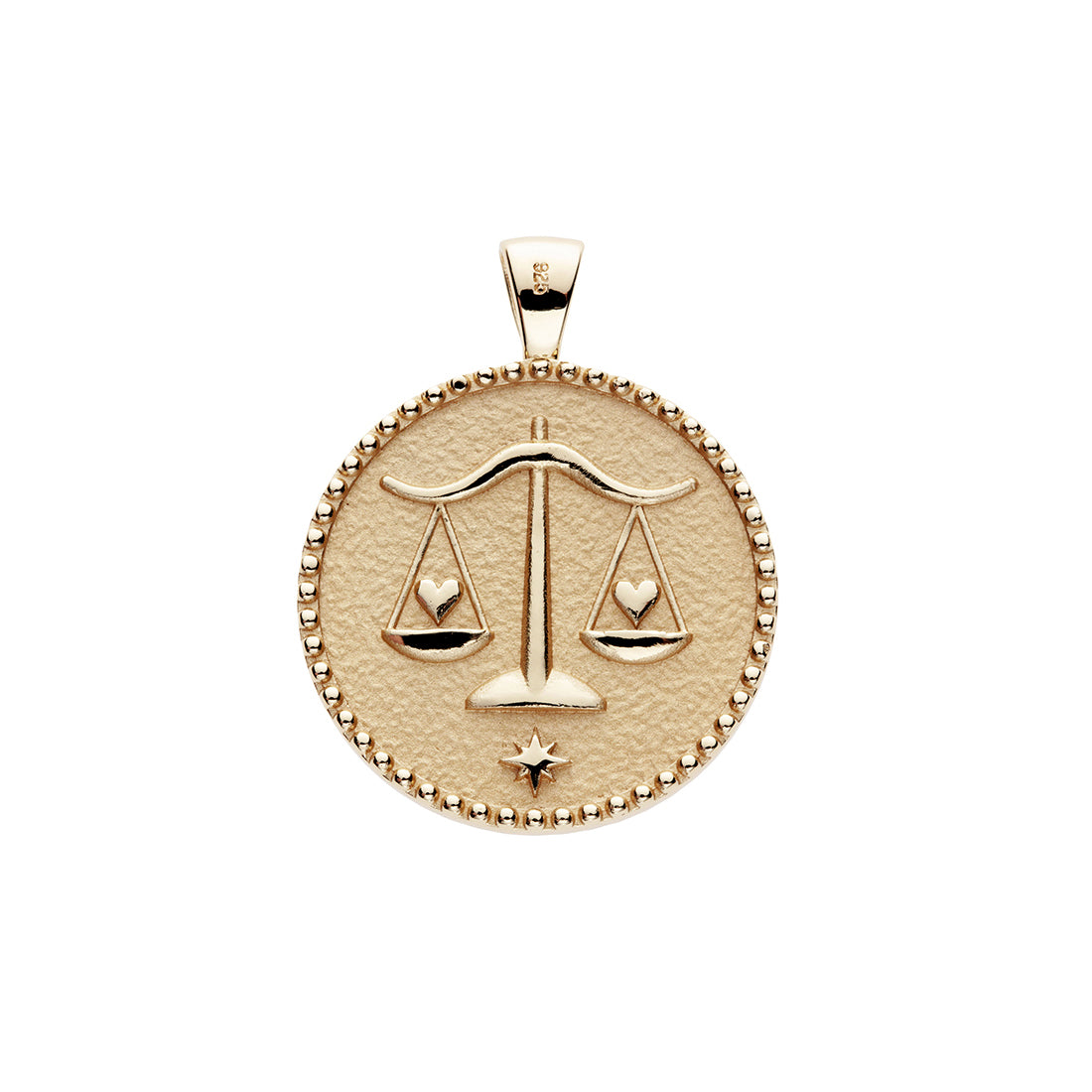 Gold original Libra coin pendant features balanced scales holding hearts