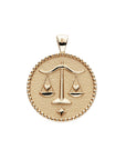 Gold original Libra coin pendant features balanced scales holding hearts