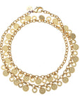 Gold chain necklace with fringe of tiny love coins alternating with heart cutout coins. Shown double wrapped