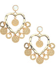 Statement gold drop earrings feature mother of pearl cabochon studs and large heart drop with tiny love coins as fringe