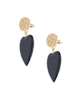 Earrings with gold love coin design stud and black agate heart drop