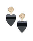 Earrings with gold love coin design stud and black agate heart drop