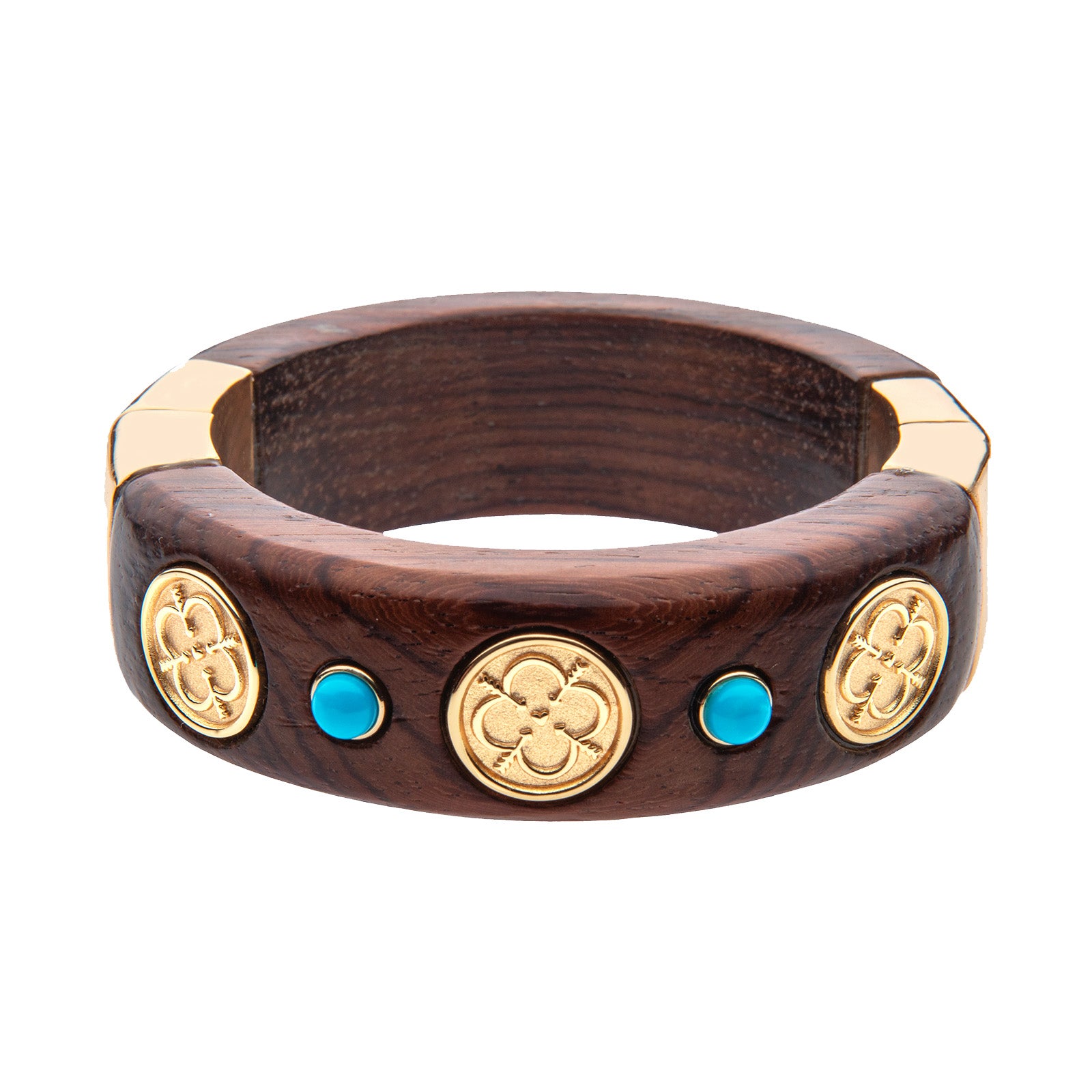 Carved wooden bangle featuring 2 turquoise stones and 3 small love coin designs