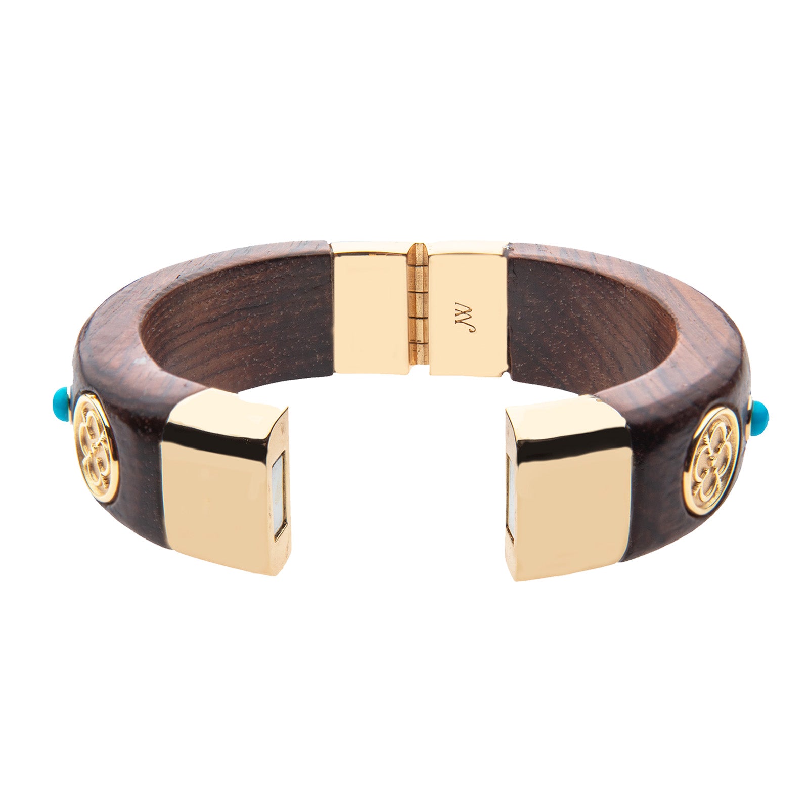 Side view of wood bangle shows magnet closure set in gold