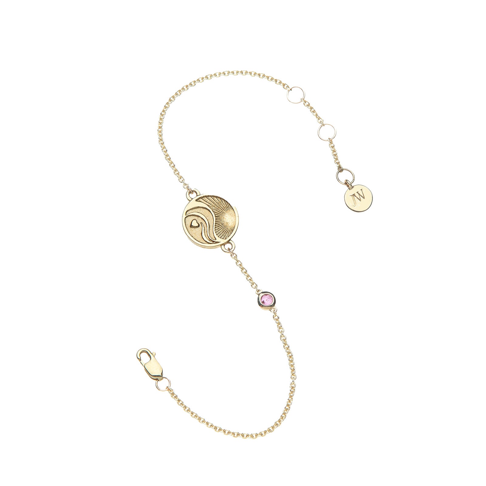 Gold chain bracelet featuring mini coin with illustration of the sun, waves, and a heart with pink tourmaline accent on chain