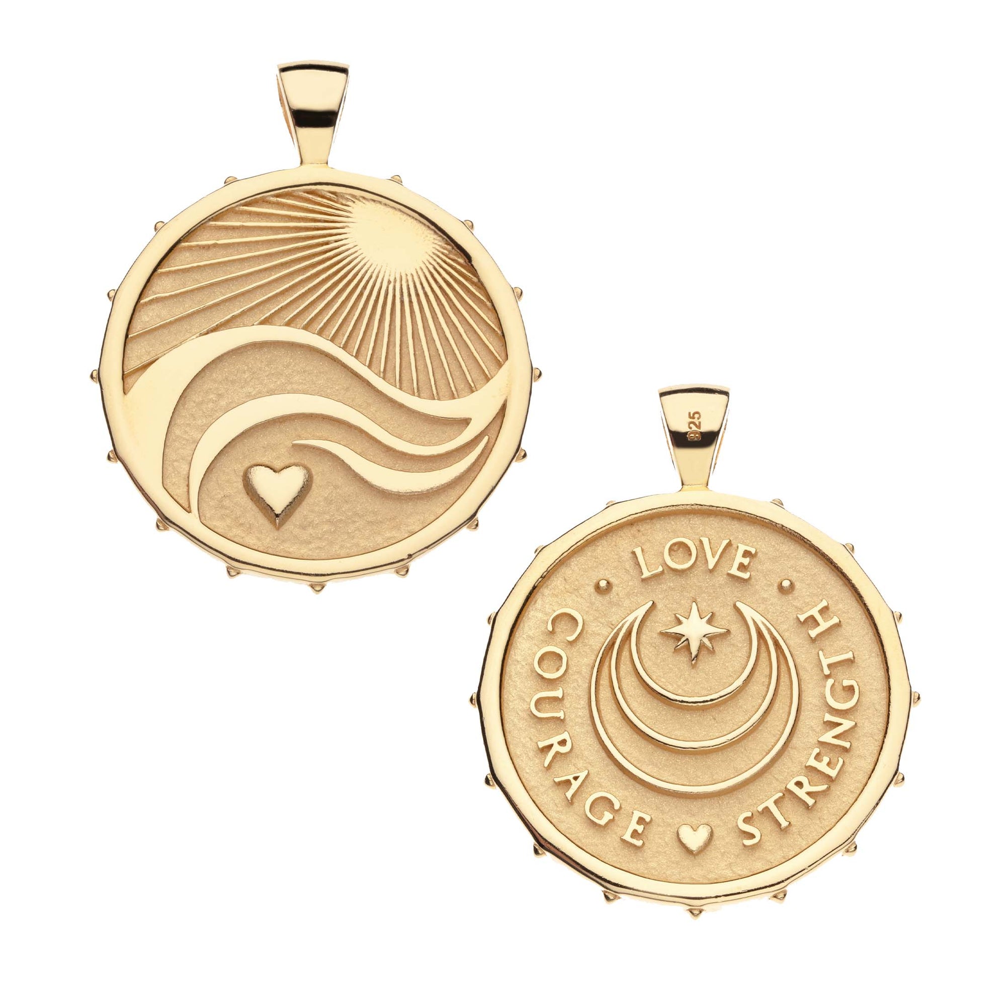Gold coin pendant with illustration of the rays of the sun, waves, and a heart (front) and moon and star logo with the words LOVE, COURAGE, and STRENGTH (back)
