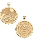 Gold coin pendant with illustration of the rays of the sun, waves, and a heart (front) and moon and star logo with the words LOVE, COURAGE, and STRENGTH (back)