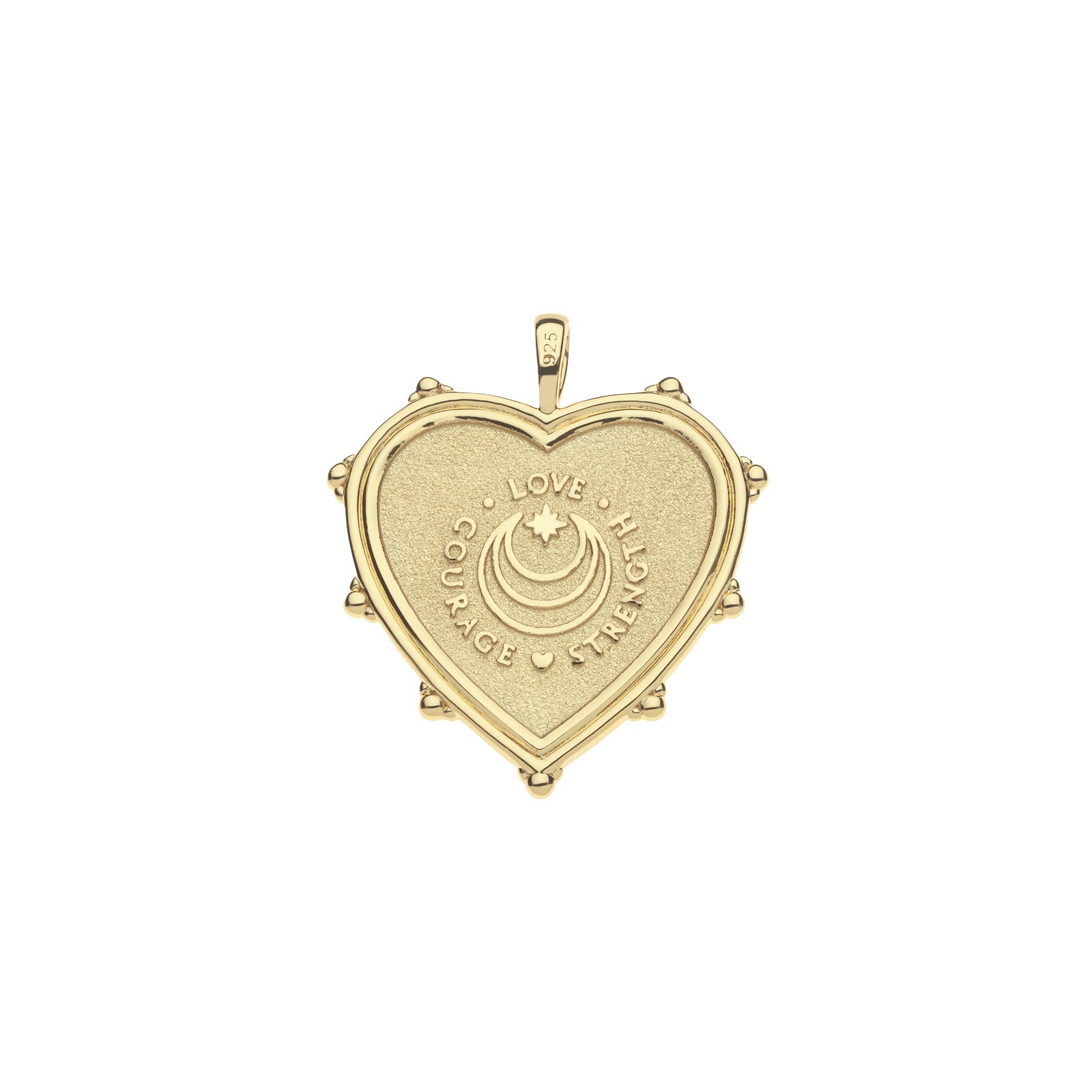Back of gold heart pendant features moon and stars logo and the words LOVE, COURAGE, and STRENGTH