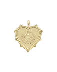Back of gold heart pendant features moon and stars logo and the words LOVE, COURAGE, and STRENGTH