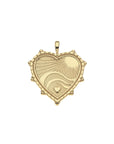 Gold heart pendant with illustration of the rays of the sun, waves, and a heart