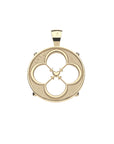Back of gold love cutout coin pendant features the word LOVE in the top left corner