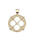 Gold love cutout coin pendant features cutout quatrefoil, center heart, and 4 arrows pointing to the heart