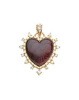 Wood heart pendant in gold setting accented with rainbow moonstone stones on the border and the bail