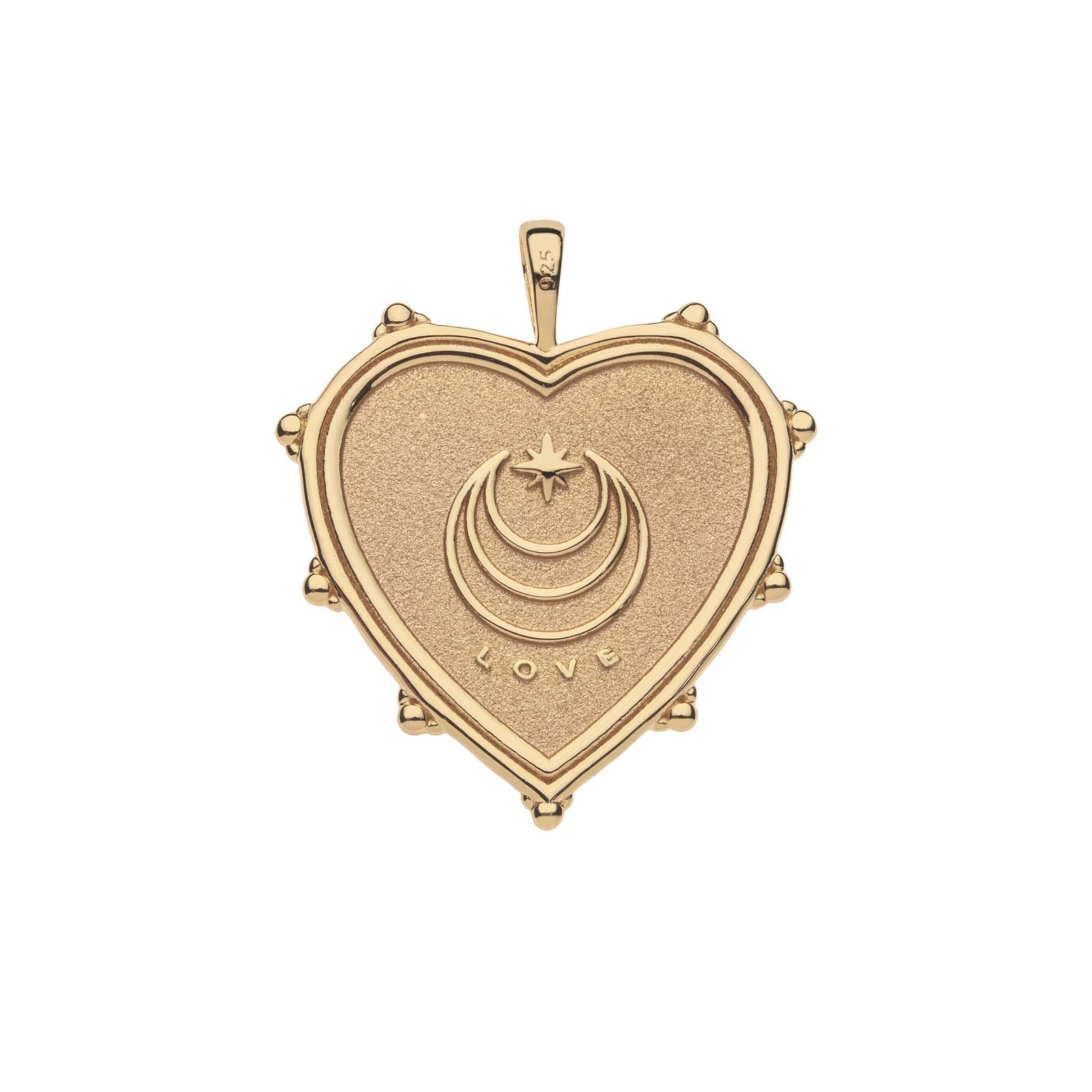 Gold heart pendant back with moon and stars logo with the word LOVE