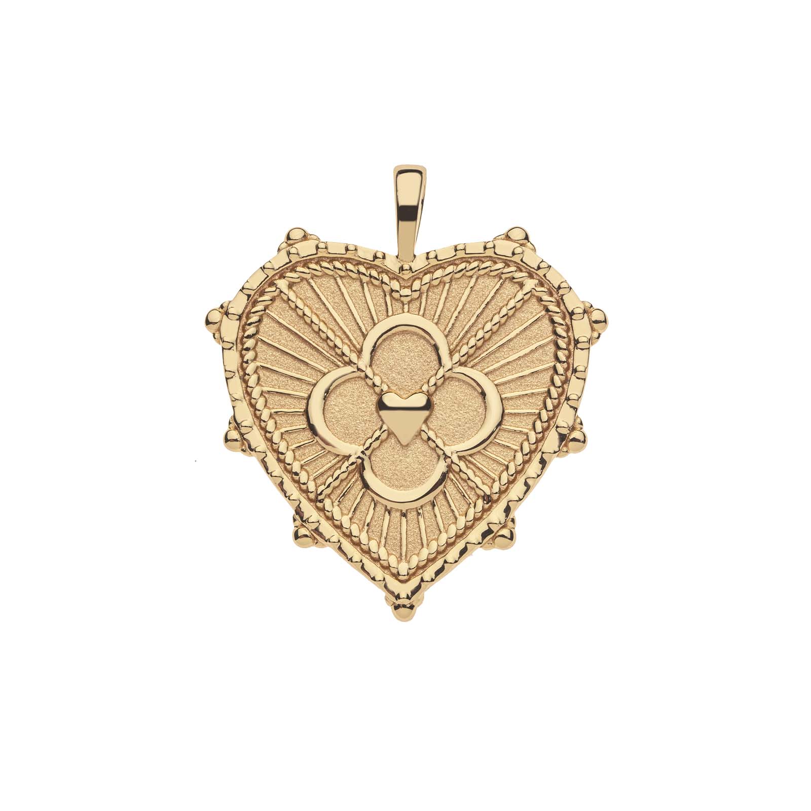 Gold heart pendant with quatrefoil and heart illustration