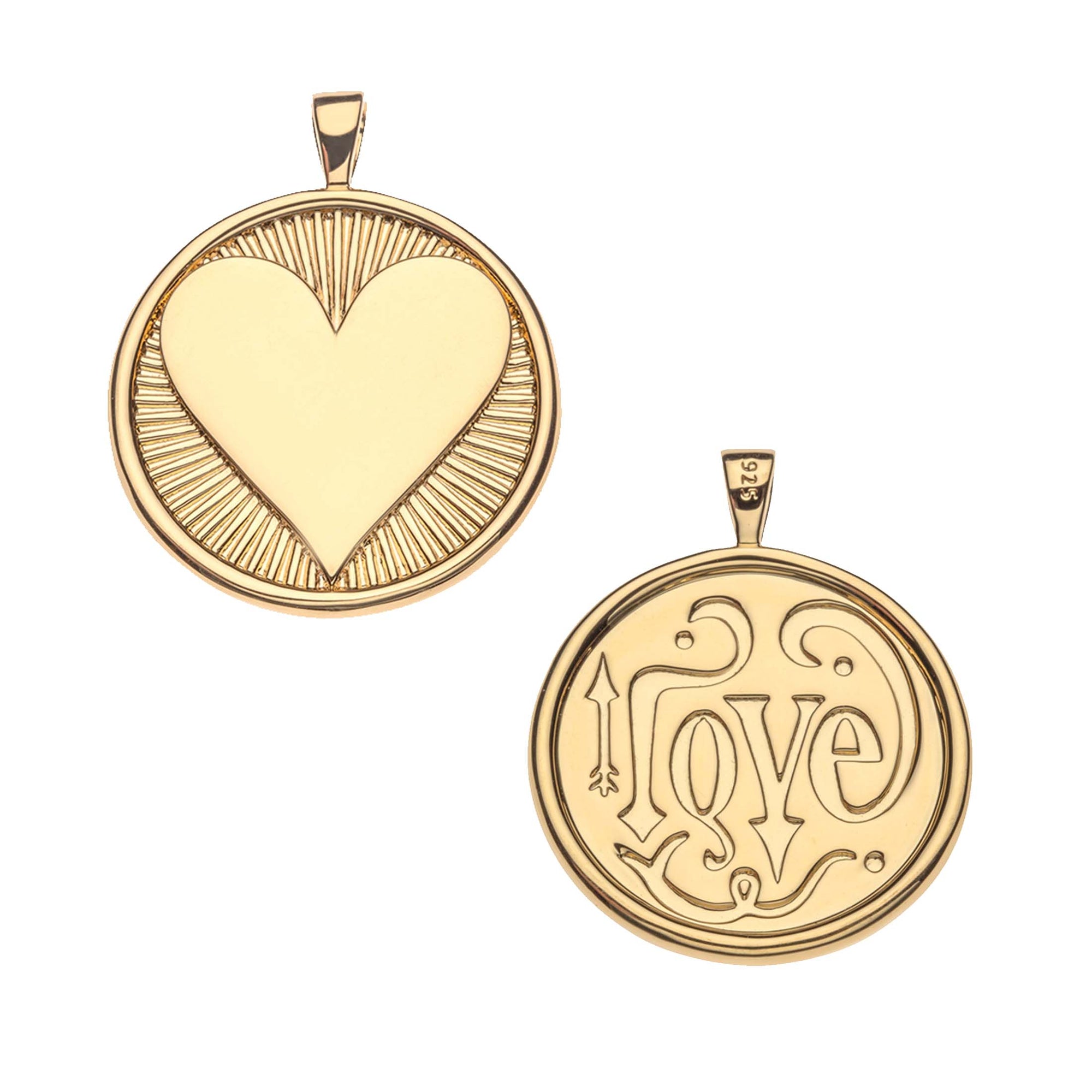 Gold coin pendant with heart on front and the word "love" with arrow detail on the back