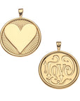 Gold coin pendant with heart on front and the word "love" with arrow detail on the back