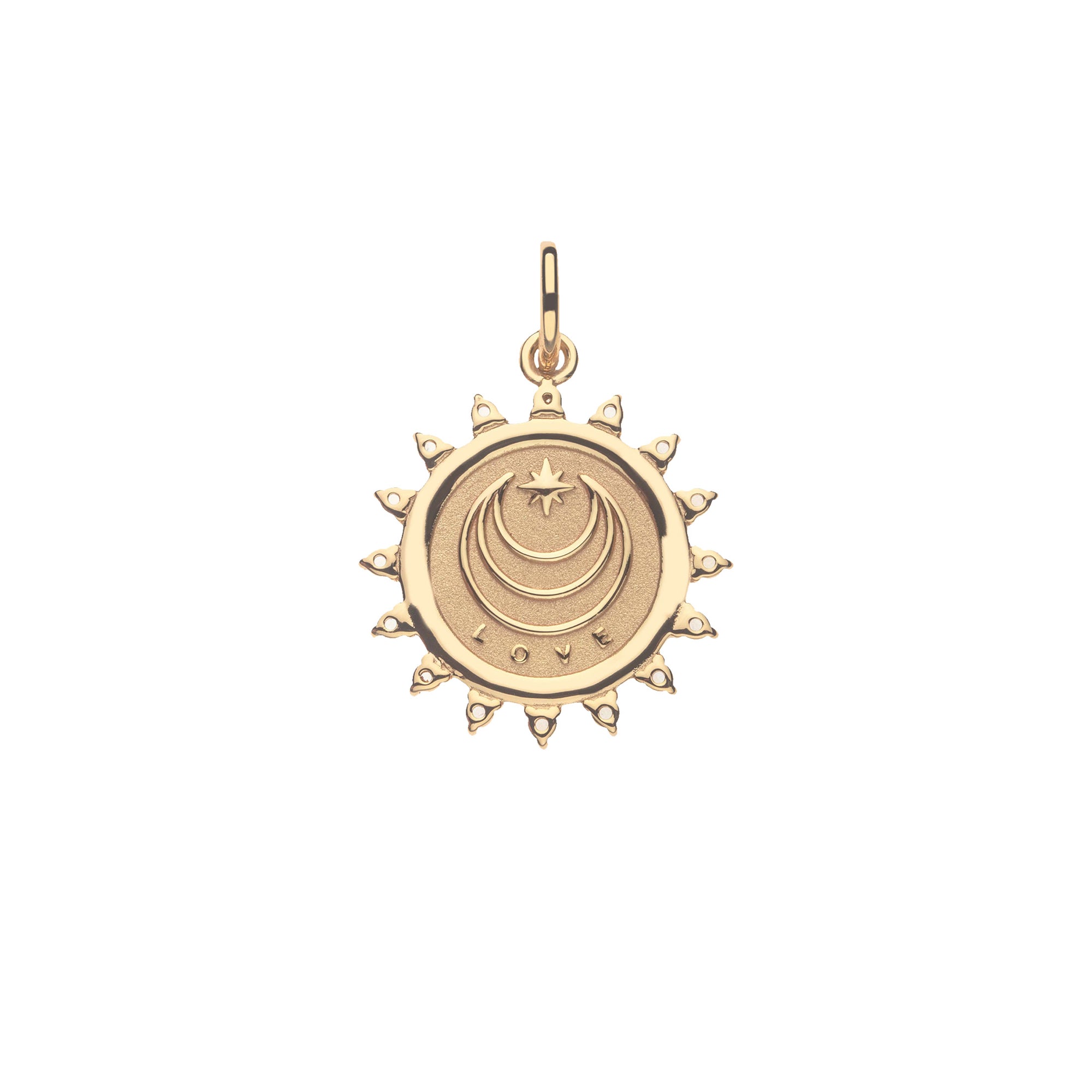 Gold coin pendant back with moon and stars logo and the word LOVE