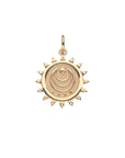Gold coin pendant back with moon and stars logo and the word LOVE