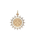 Gold Coin Pendant with Quatrefoil and heart illustration and white enamel border with rainbow moonstone edge detail