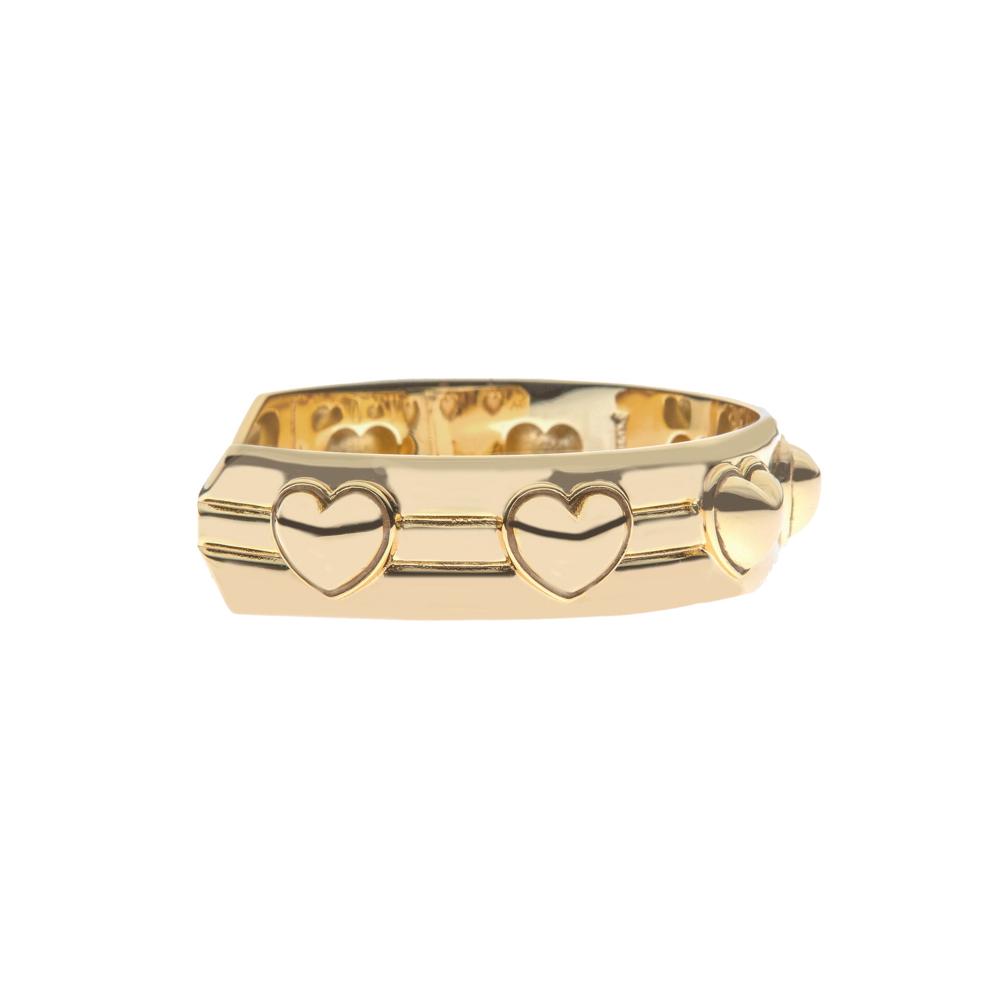 Side view of gold cuff with hearts