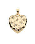 Puffy gold heart pendant featuring star details with white topaz stones