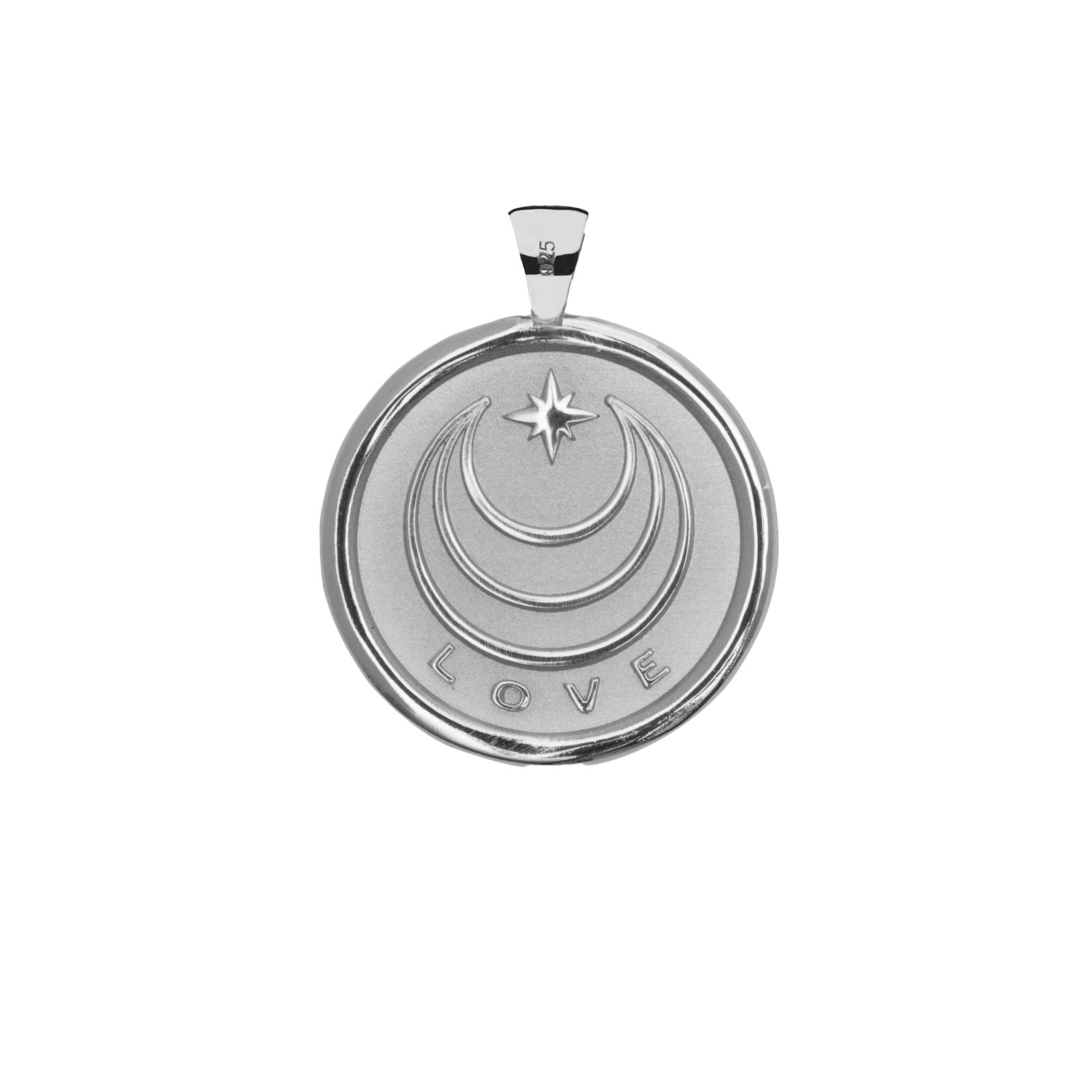 Silver Coin Pendant with Jane Win moon and star logo and word LOVE underneath