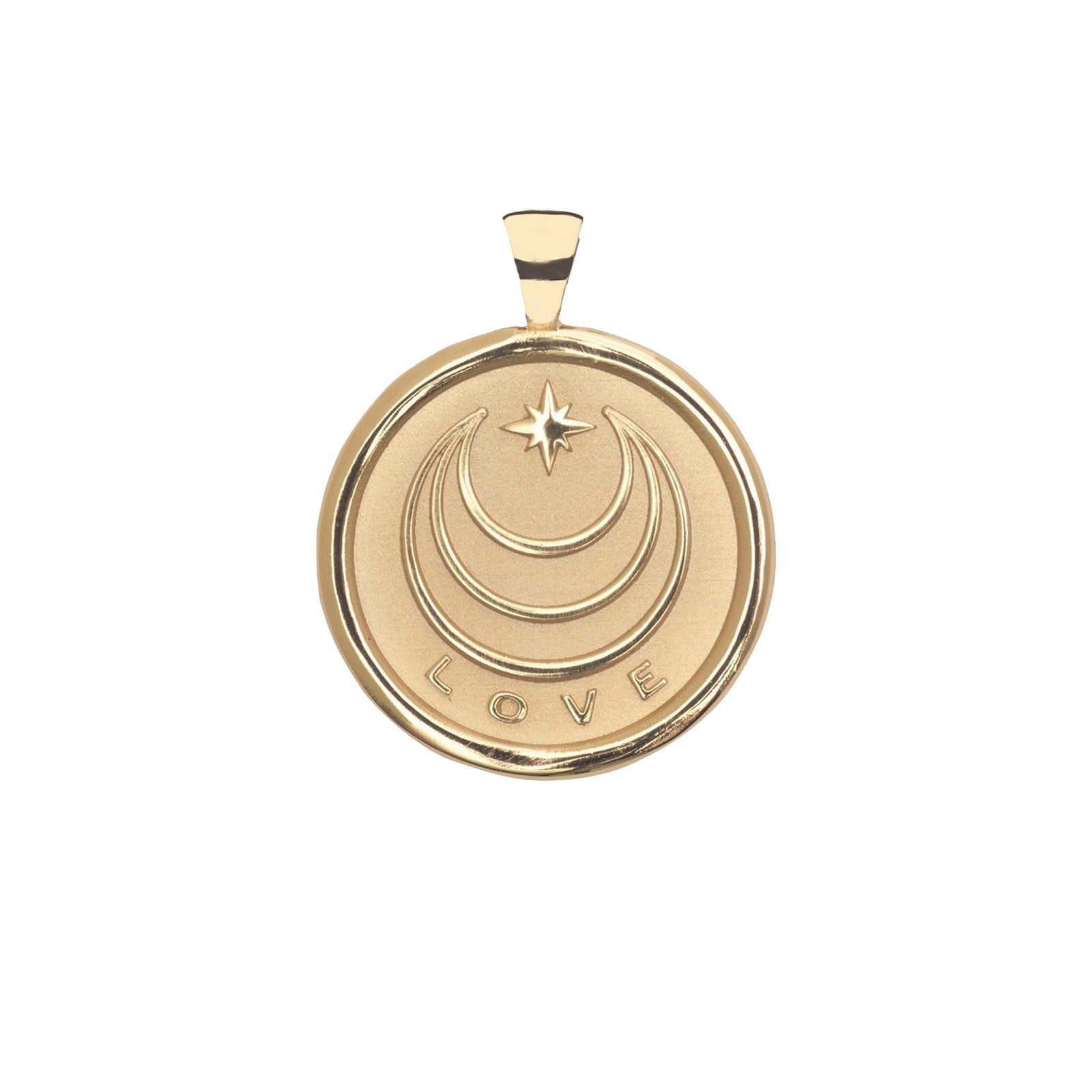Gold coin pendant back with moon and star logo and the word LOVE