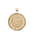 Gold coin pendant back with moon and star logo and the word LOVE