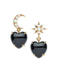 Drop earrings feature onyx heart drop and mismatched star and crescent moon studs with mother of pearl cabochon details
