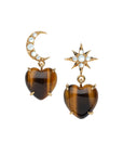 Drop earrings feature tiger's eye heart drop and mismatched star and crescent moon studs with mother of pearl cabochon details