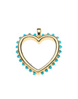 Gold open heart pendant features turquoise cabochon stones along the outer edge