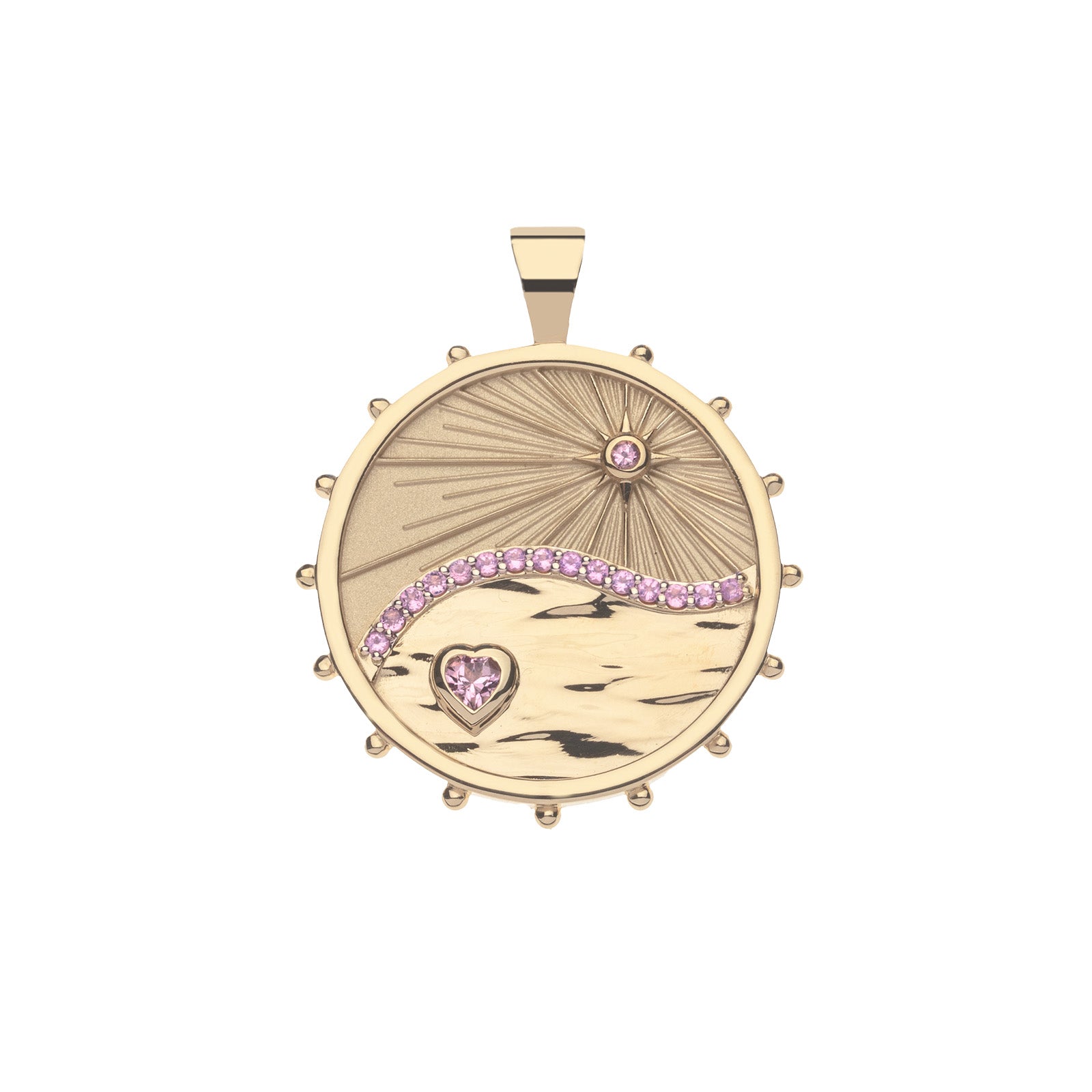 Gold coin pendant with illustration of the rays of the sun, waves, and a pink tourmaline heart with other pink tourmaline accents
