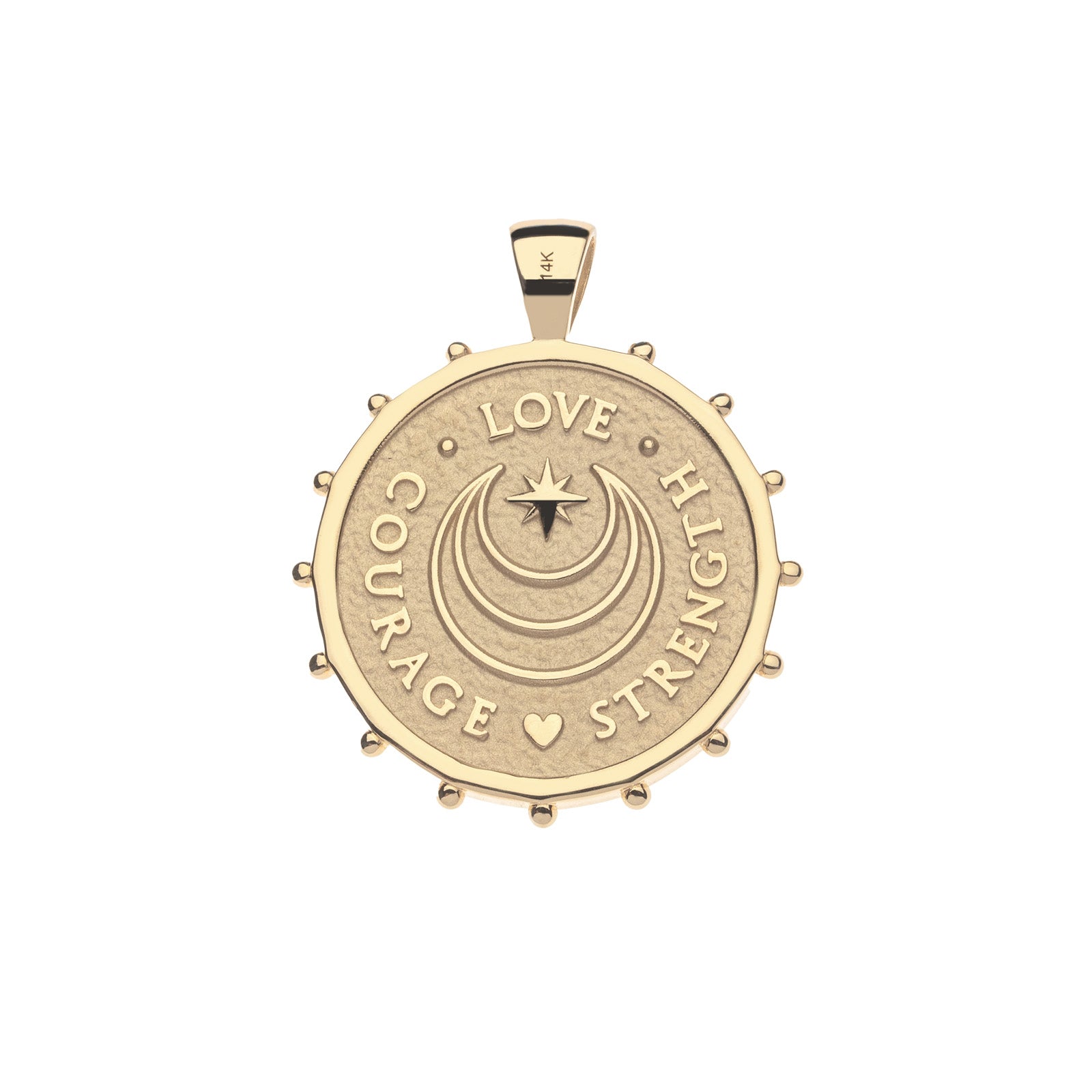 Back of gold coin pendant features moon and star logo and the words LOVE, COURAGE, and STRENGTH