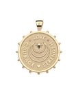 Back of gold coin pendant features moon and star logo and the words LOVE, COURAGE, and STRENGTH
