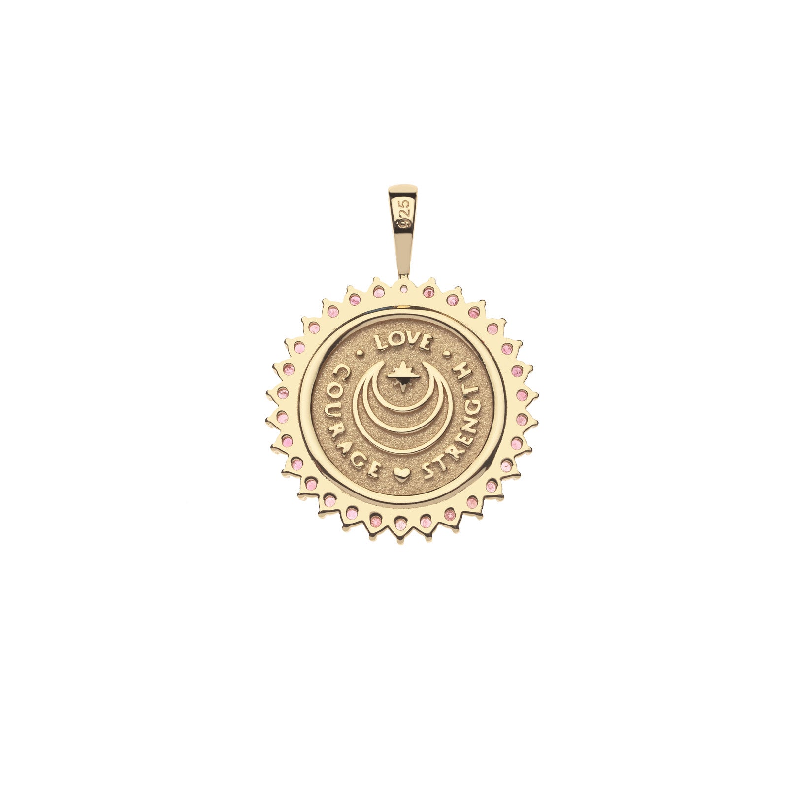 Back of gold coin pendant features moon and star logo and the words LOVE, COURAGE, and STRENGTH