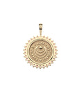Back of gold coin pendant features moon and star logo and the words LOVE, COURAGE, and STRENGTH