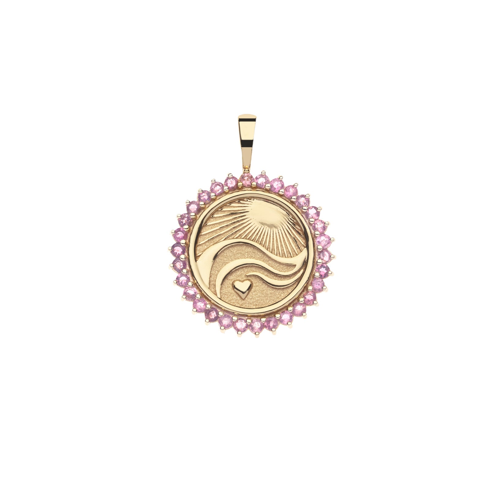 Gold coin pendant with border of pink tourmaline stones features illustration of the rays of the sun, waves, and a heart