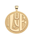 Gold coin pendant with the word love featuring arrow and heart detail