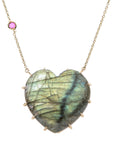 Carved labradorite heart pendant with pink tourmaline accent on chain